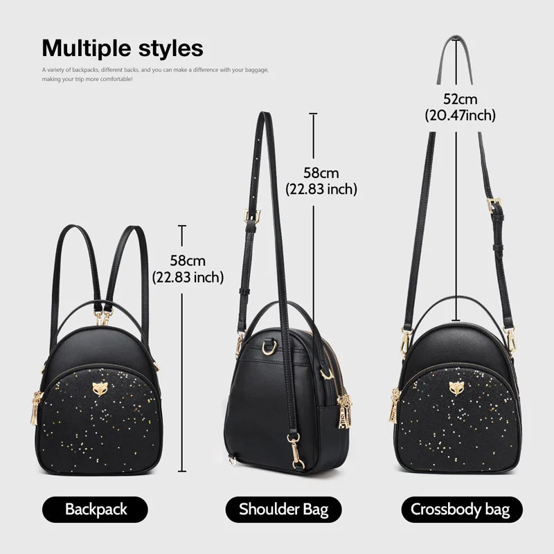 Mini Mochila FOXER de Cuero para mujer- PU Negra con Glitter Estelar y Charm de Zorro