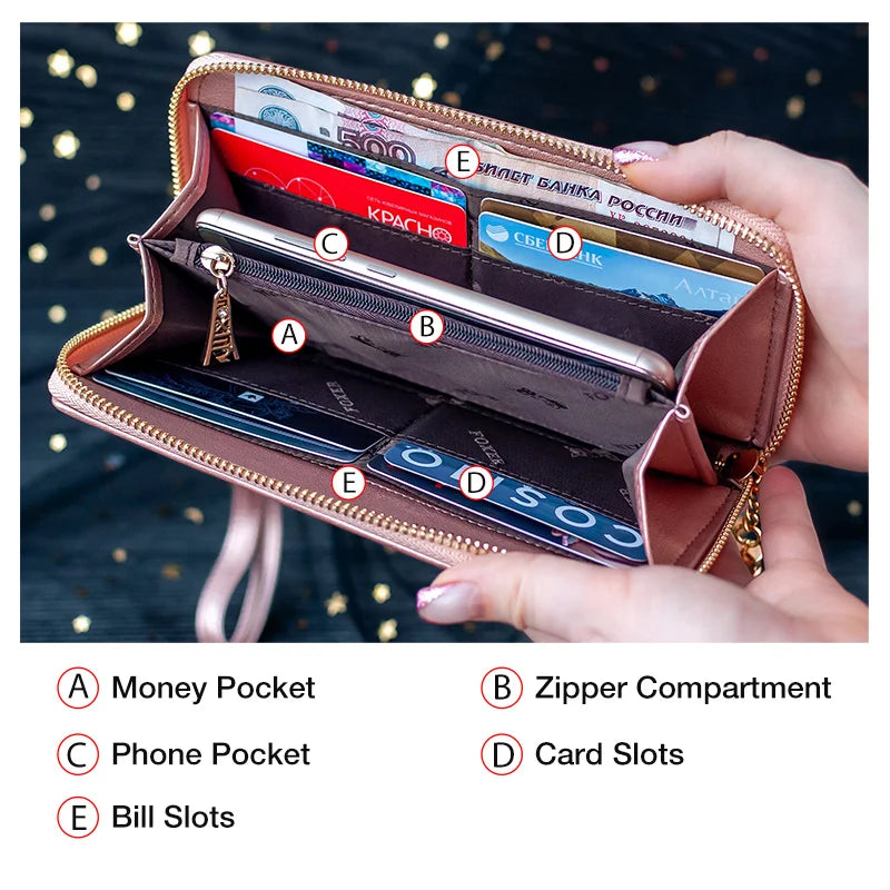 Cartera larga FOXER "Glamour Metálico" con Brillo con portatarjetas de lujo para muñeca