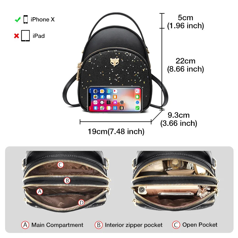 Mini Mochila FOXER de Cuero para mujer- PU Negra con Glitter Estelar y Charm de Zorro