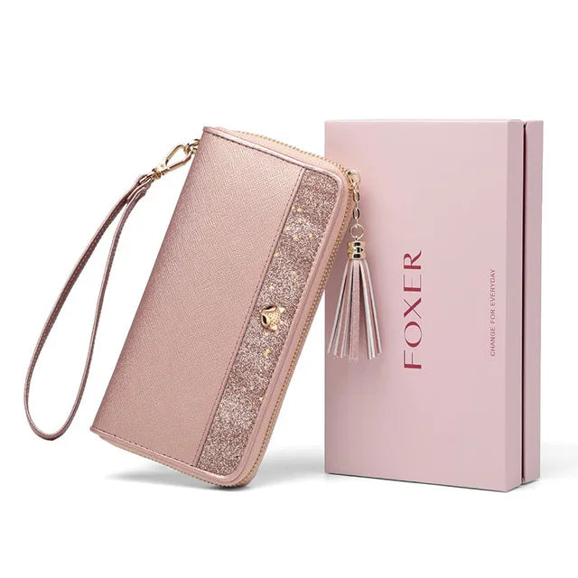 Cartera larga FOXER "Glamour Metálico" con Brillo con portatarjetas de lujo para muñeca