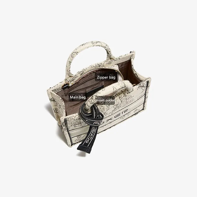 Bolso de mano Tote FOXER Elegante con Estampado Jacquard Floral y Lazo de Satén