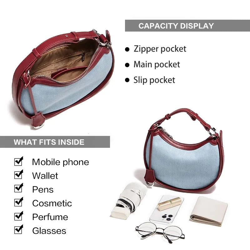 Bolso Curvo FOXER - Denim y Contraste Burdeos cuero de vaquera con correa ajustable