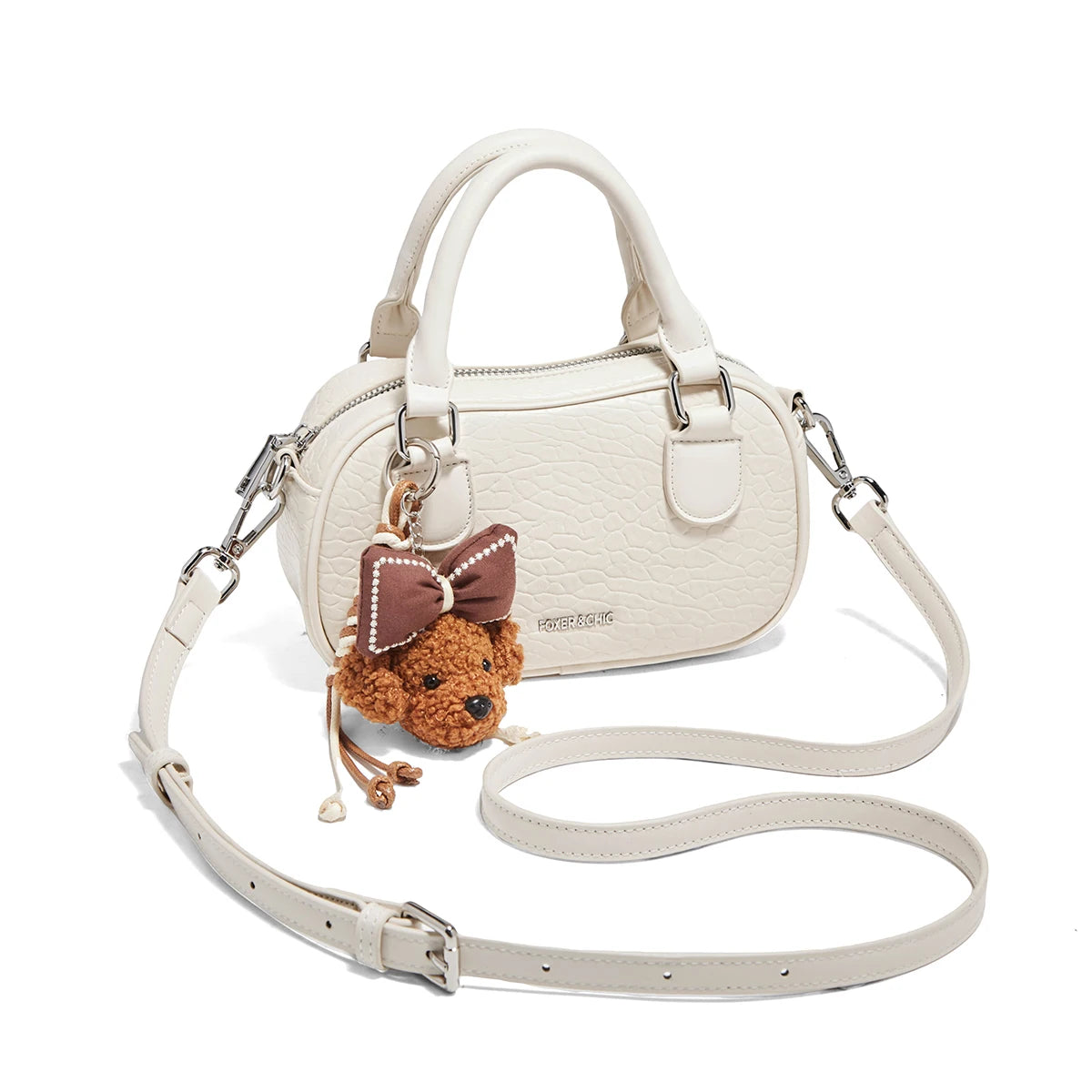 FOXER 2025 Otoño/Invierno Chic Mini Bolso Hombro con Textura Croco y Llavero de Peluche