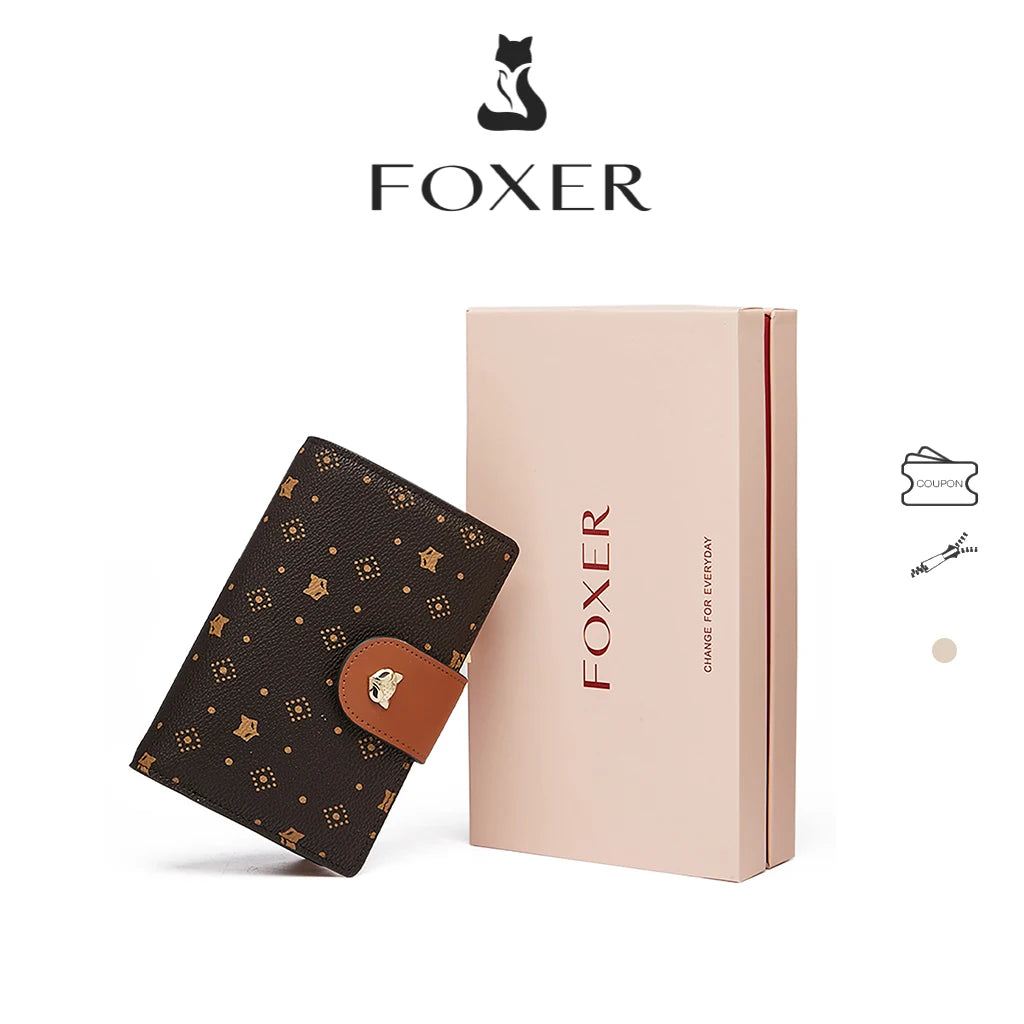 Billetera y cartera de tarjetas para mujer Compacta PVC FOXER con Monograma de Zorro y Cierre de Botón