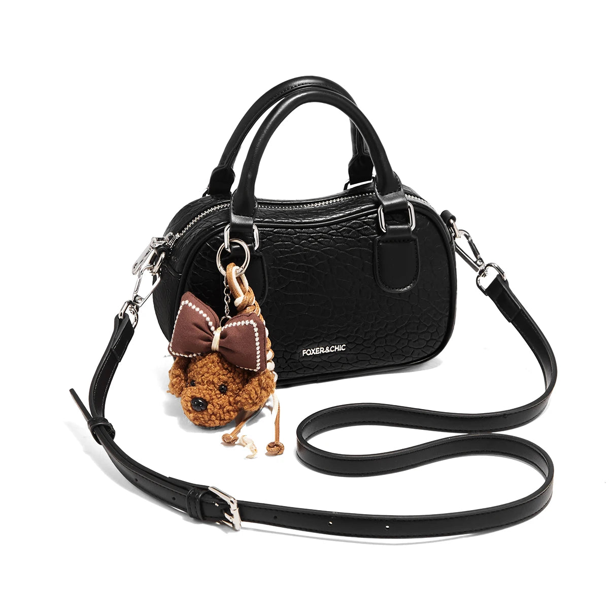FOXER 2025 Otoño/Invierno Chic Mini Bolso Hombro con Textura Croco y Llavero de Peluche