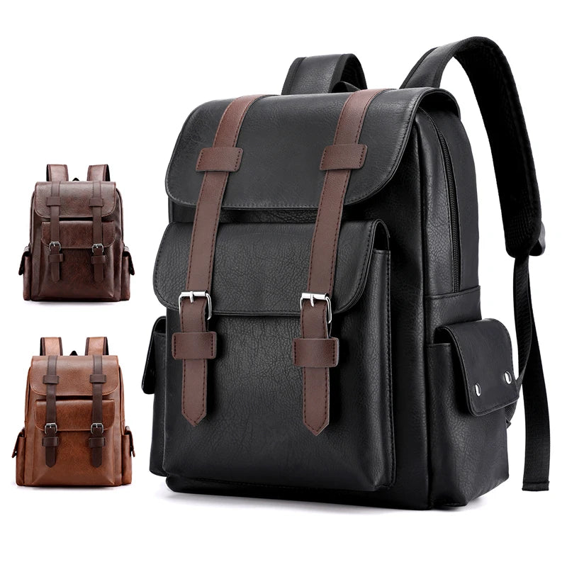 Mochila Retro Bicolor de Cuero PU para Laptop (Estilo Vintage)