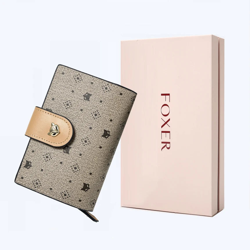 Billetera y cartera de tarjetas para mujer Compacta PVC FOXER con Monograma de Zorro y Cierre de Botón