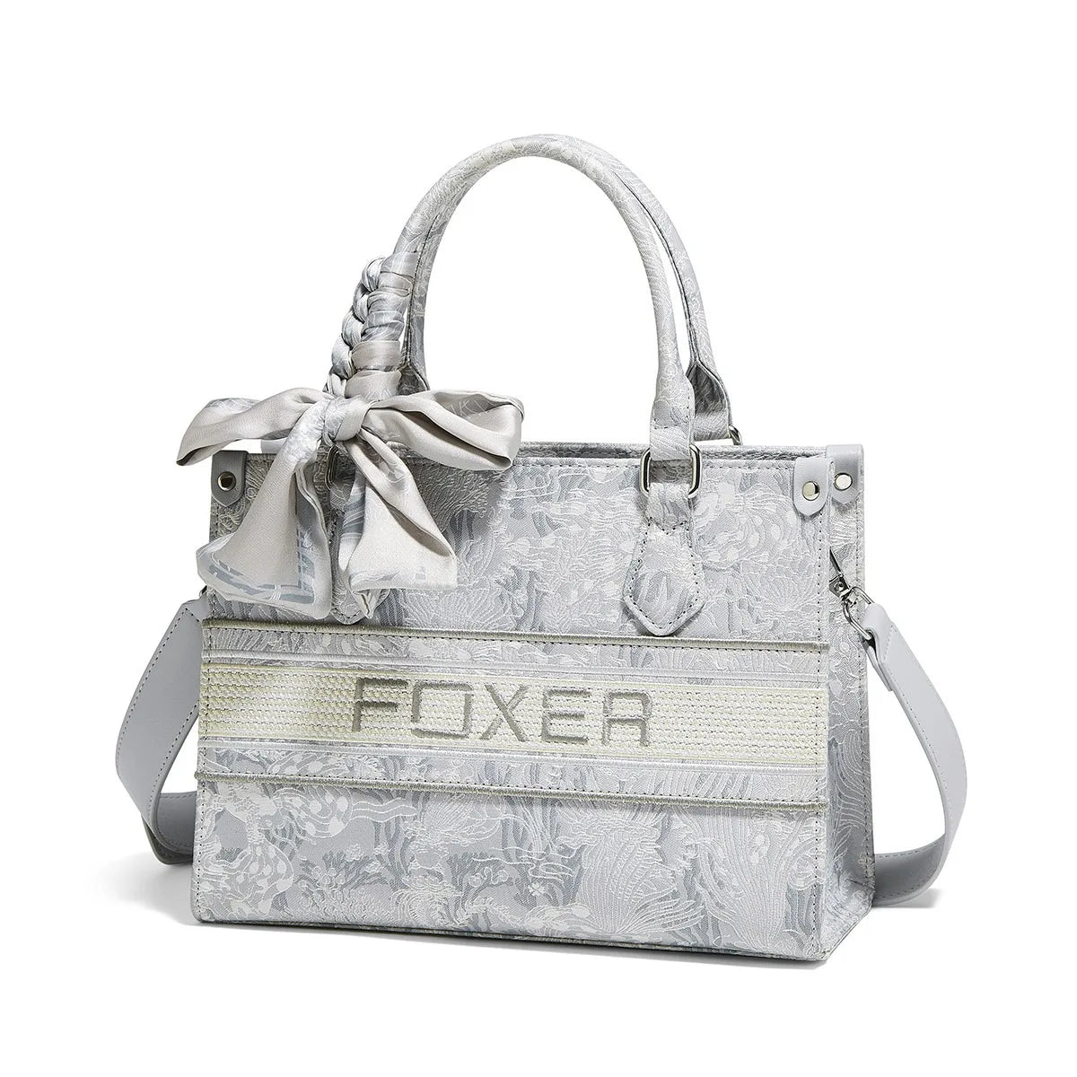 Bolso de mano Tote FOXER Elegante con Estampado Jacquard Floral y Lazo de Satén