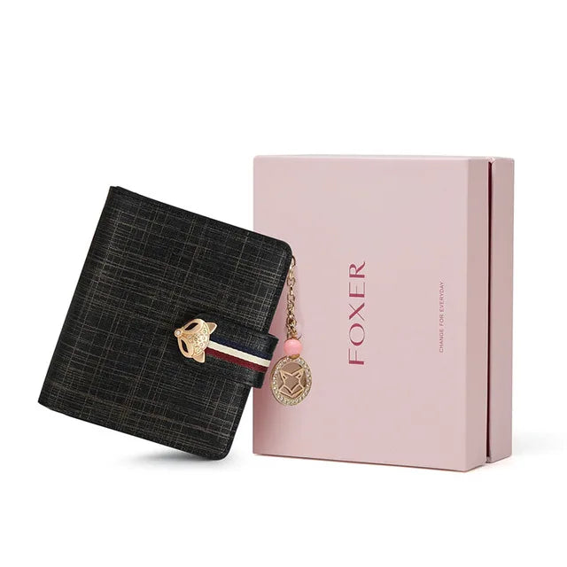 Billetera Portatarjetas Compacta FOXER para mujeres: Encanto y Detalles de Joyería en Rosa de alta calidad con colgante