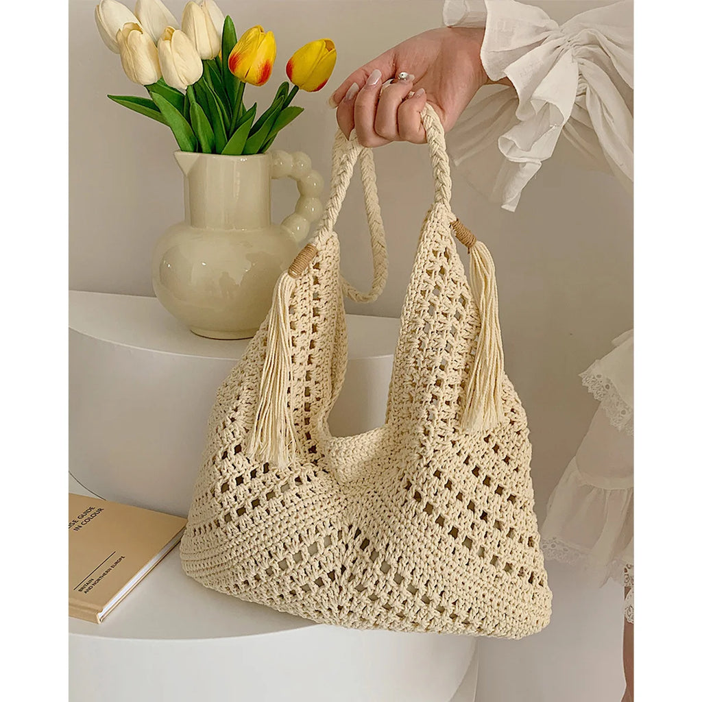 Bolso tejido de Crochet "Boho Breeze" de FOXER 2025 para mujer- Artesanía en Marfil