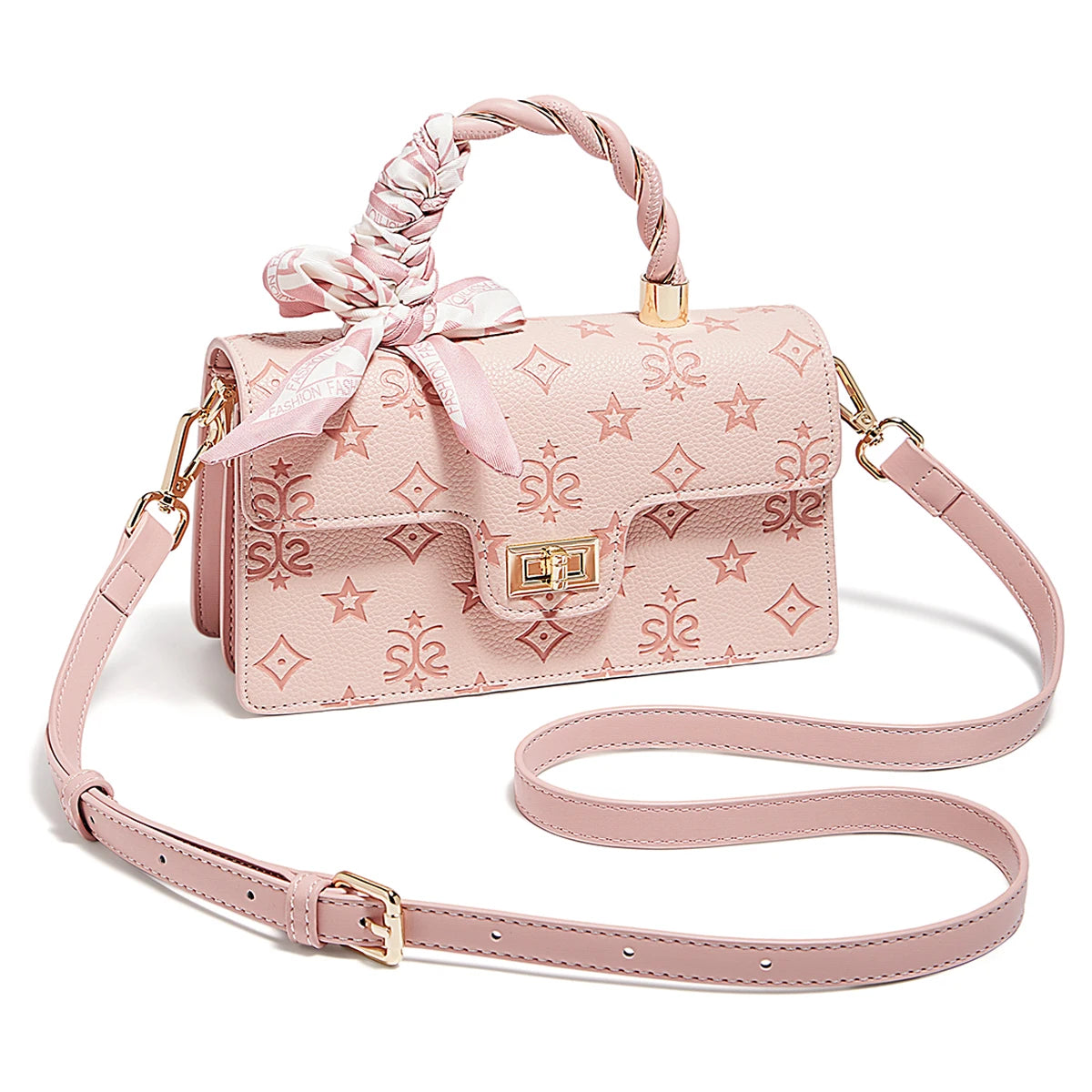 Bolso Estilo Satchel FOXER para mujer con Monograma Estrellas | Asa Trenzada y Lazo de Seda | Rosa Pastel