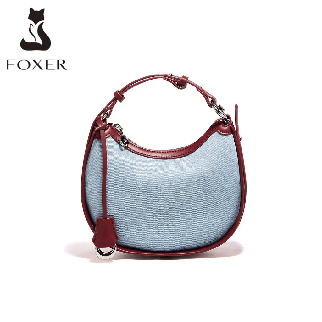 Bolso Curvo FOXER - Denim y Contraste Burdeos cuero de vaquera con correa ajustable