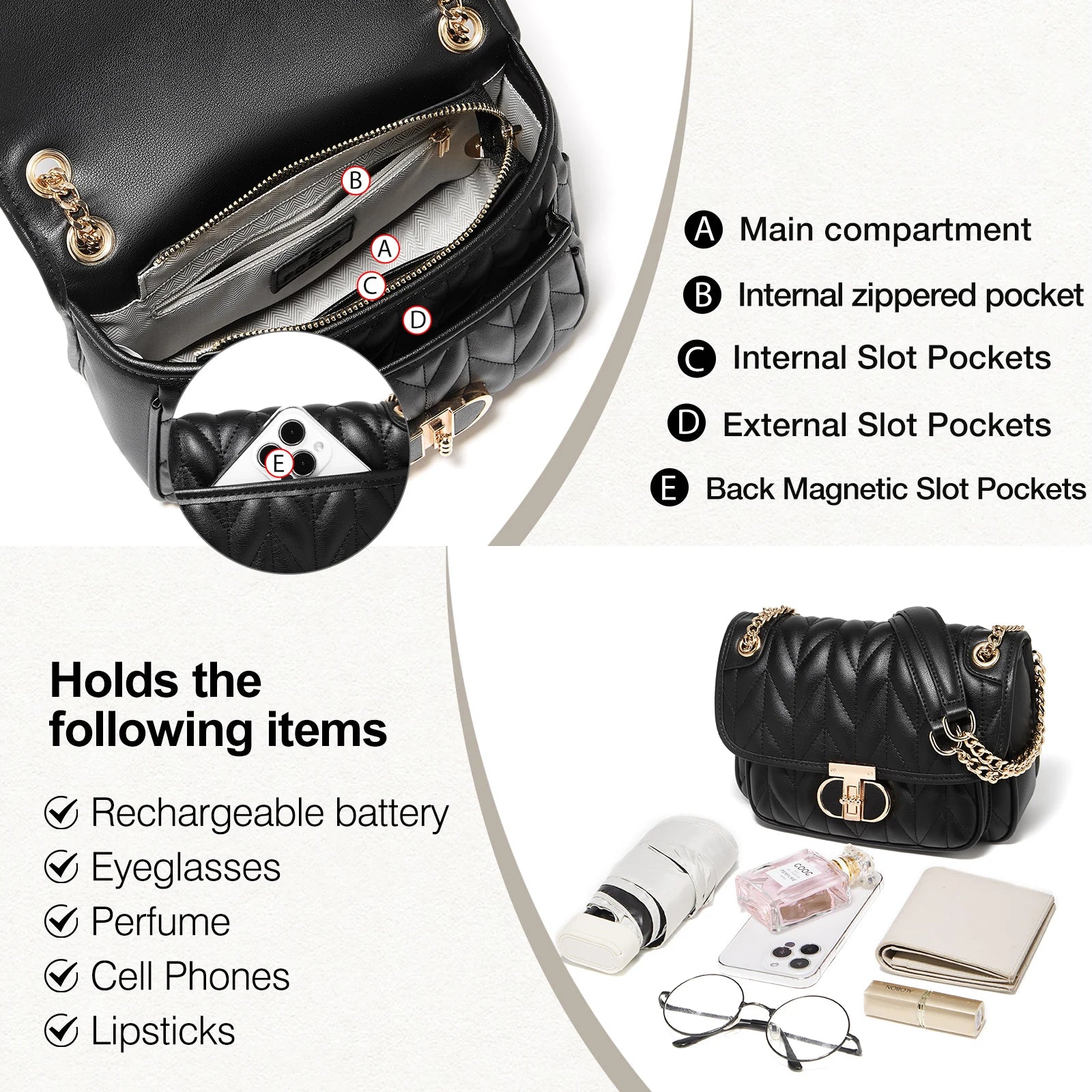 Bolso Clásico para mujer FOXER Fashion 2025  - Acolchado y Cadena Dorada