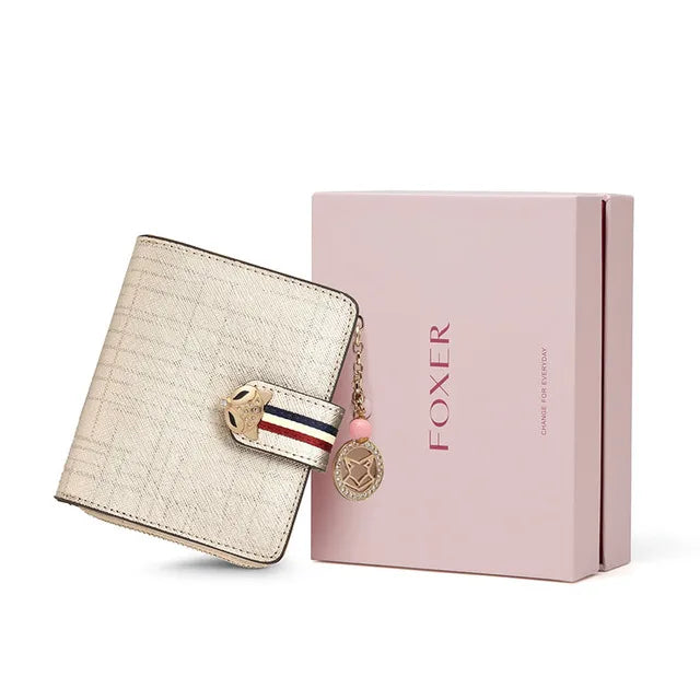 Billetera Portatarjetas Compacta FOXER para mujeres: Encanto y Detalles de Joyería en Rosa de alta calidad con colgante