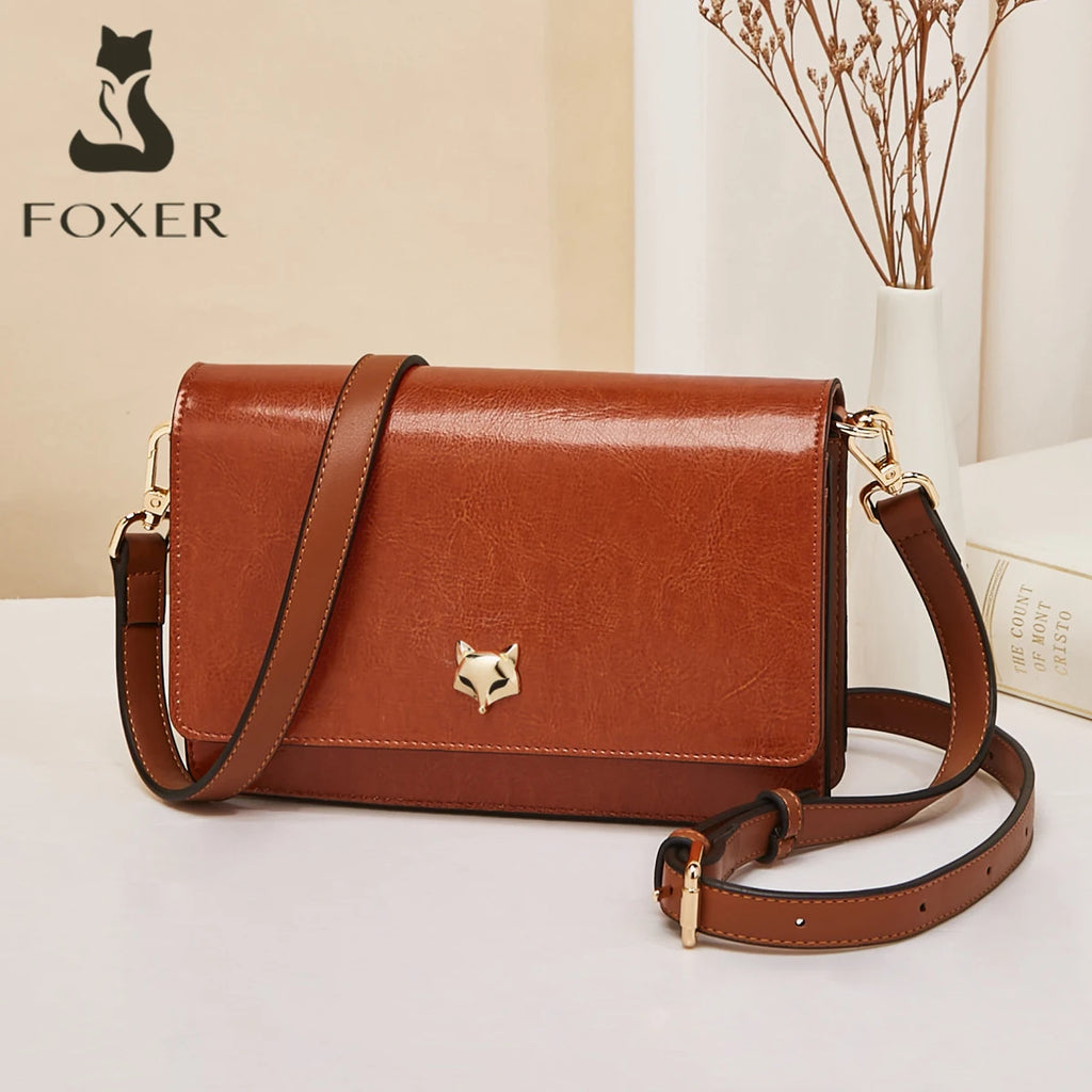 Bolso Bandolera FOXER para mujeres de Cuero Clásico con porta tarjetas | Estilo Satchel Horizontal con Broche de Zorro