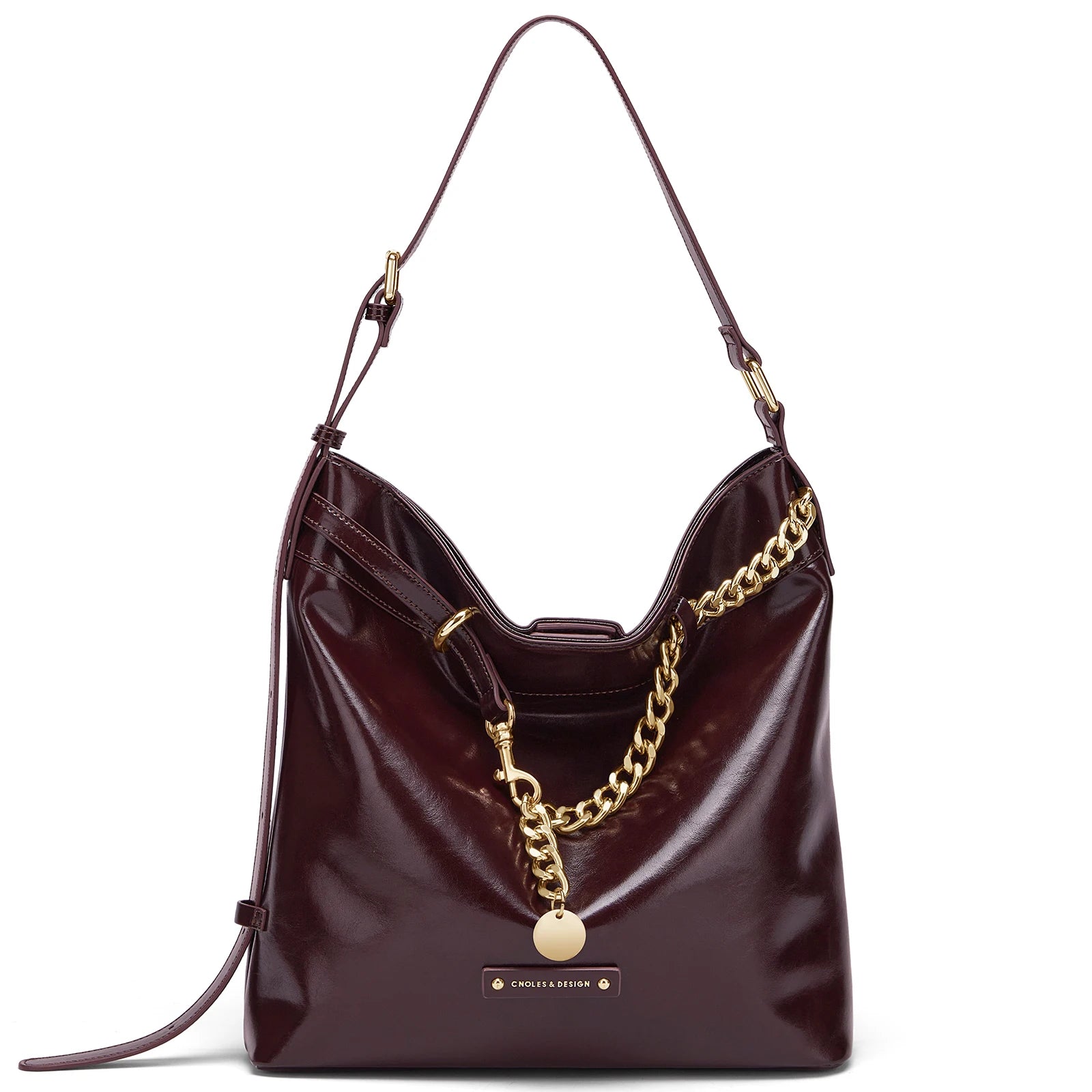 CLONES - Bolso Hobo de Piel Brillante con Cadena - Burgundy
