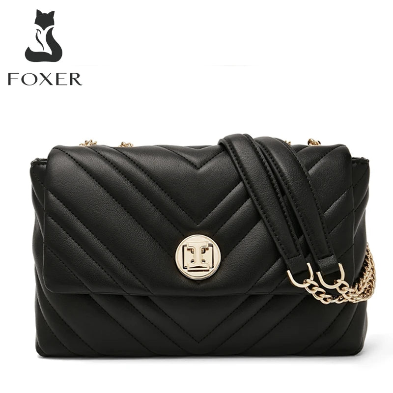 Bolso de Hombro FOXER Chevron Luxe - Negro Mate y Oro