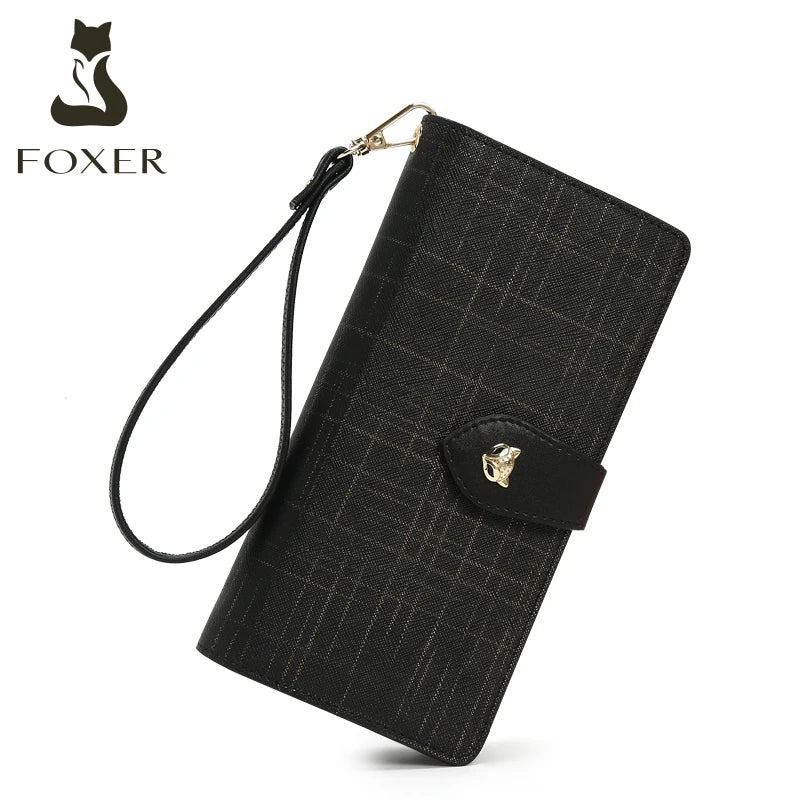 FOXER Billetera con Muñequera de cuero para mujer - Cartera ligera de embrague largo para tarjetas moda 2025