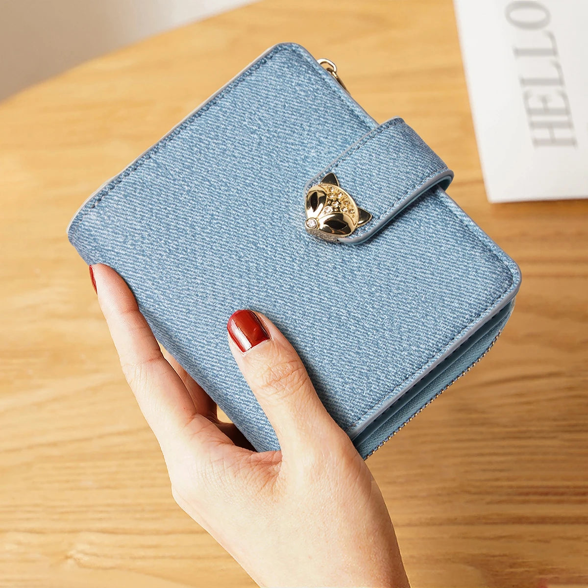 Nueva Billetera Portatarjetas Compacta FOXER de Estilo Denim con Cierre de Zorro Metálico con Identificación Antirrobo para Mujer