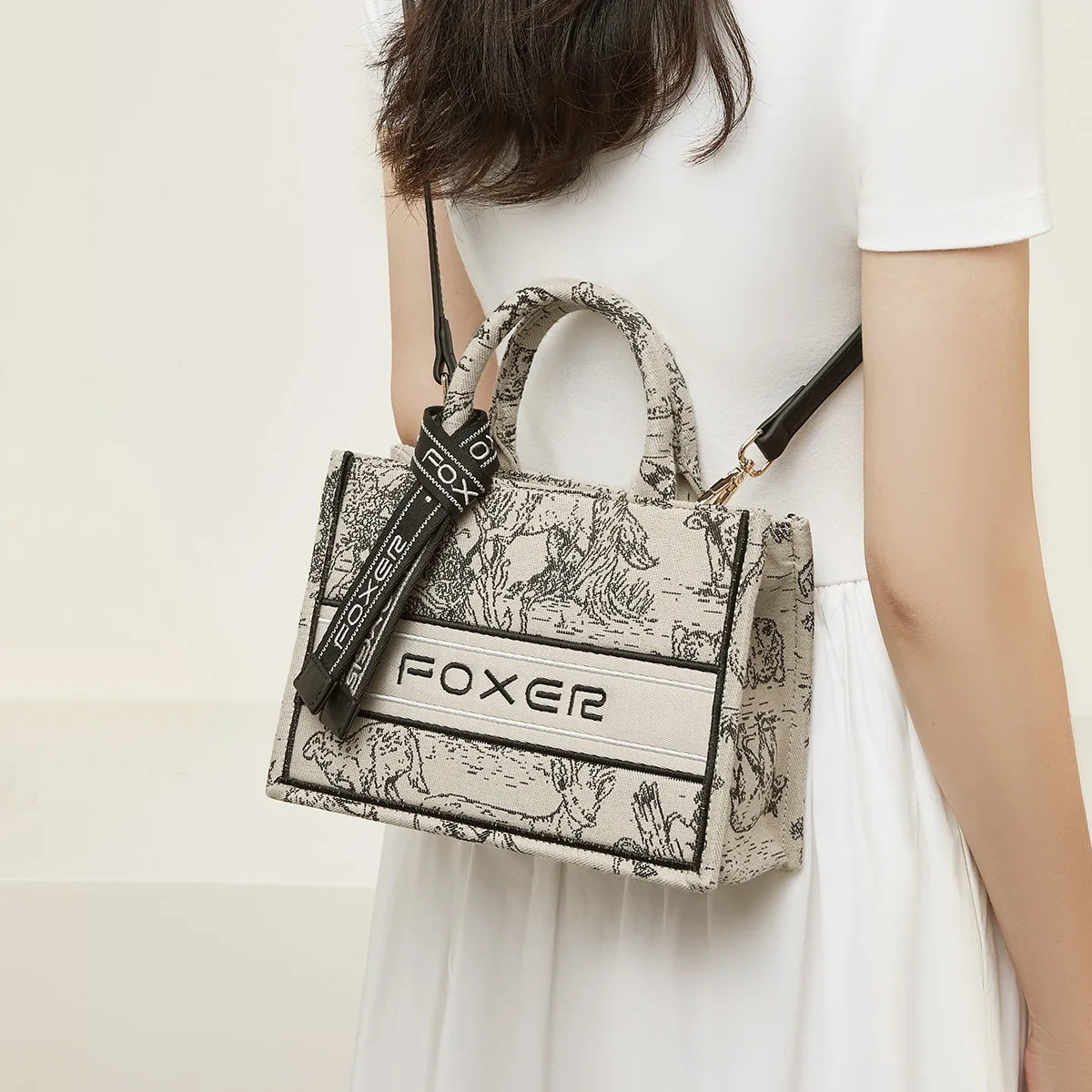 Bolso de mano Tote FOXER Elegante con Estampado Jacquard Floral y Lazo de Satén