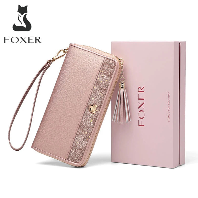 Cartera larga FOXER "Glamour Metálico" con Brillo con portatarjetas de lujo para muñeca
