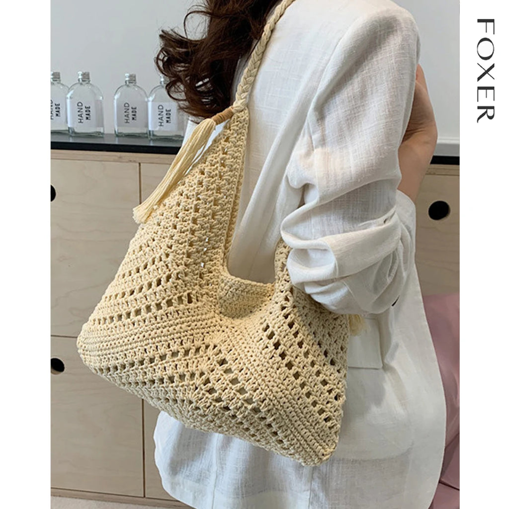 Bolso tejido de Crochet "Boho Breeze" de FOXER 2025 para mujer- Artesanía en Marfil