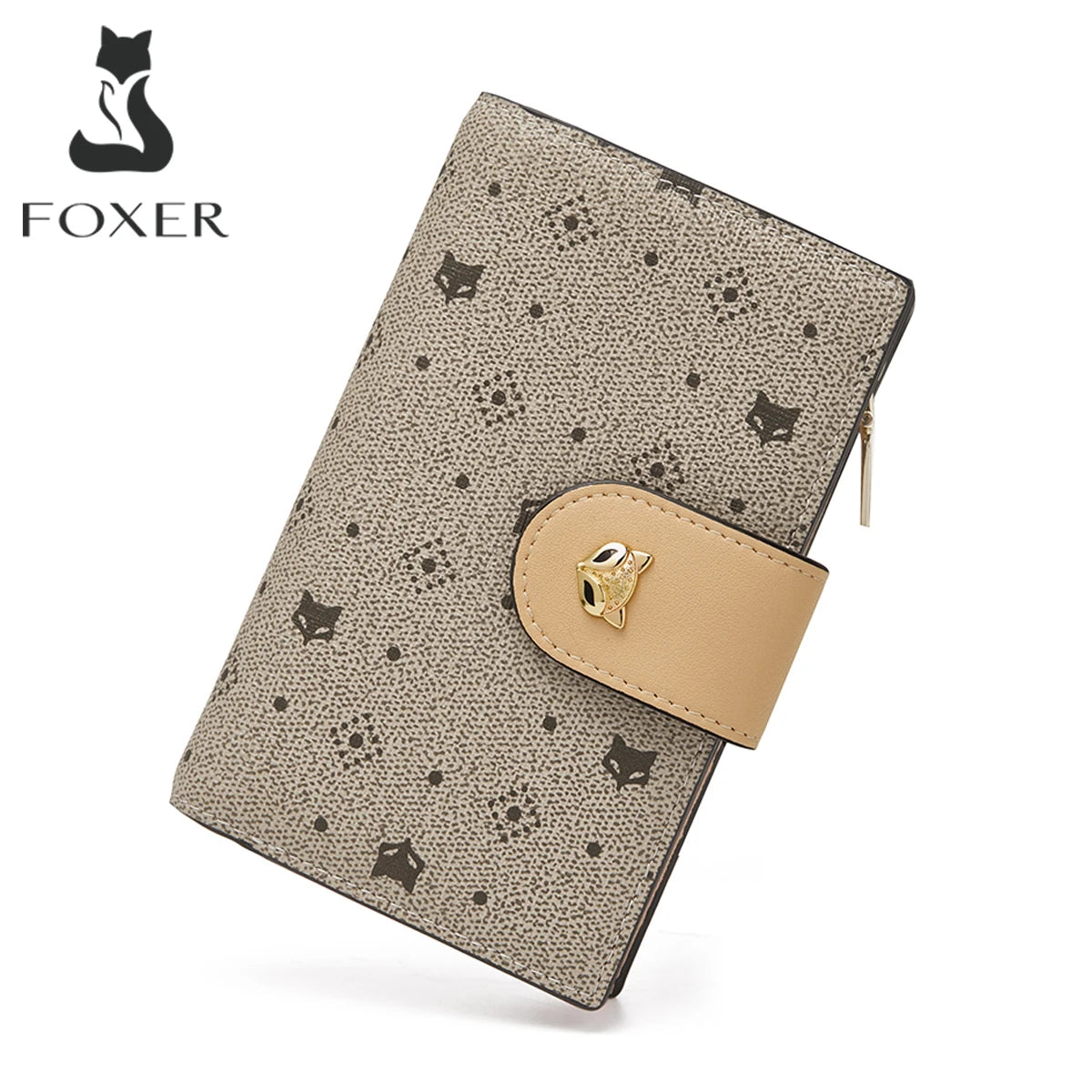 Billetera y cartera de tarjetas para mujer Compacta PVC FOXER con Monograma de Zorro y Cierre de Botón