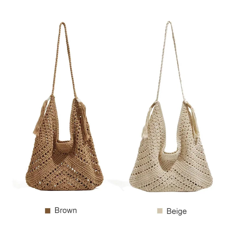 Bolso tejido de Crochet "Boho Breeze" de FOXER 2025 para mujer- Artesanía en Marfil