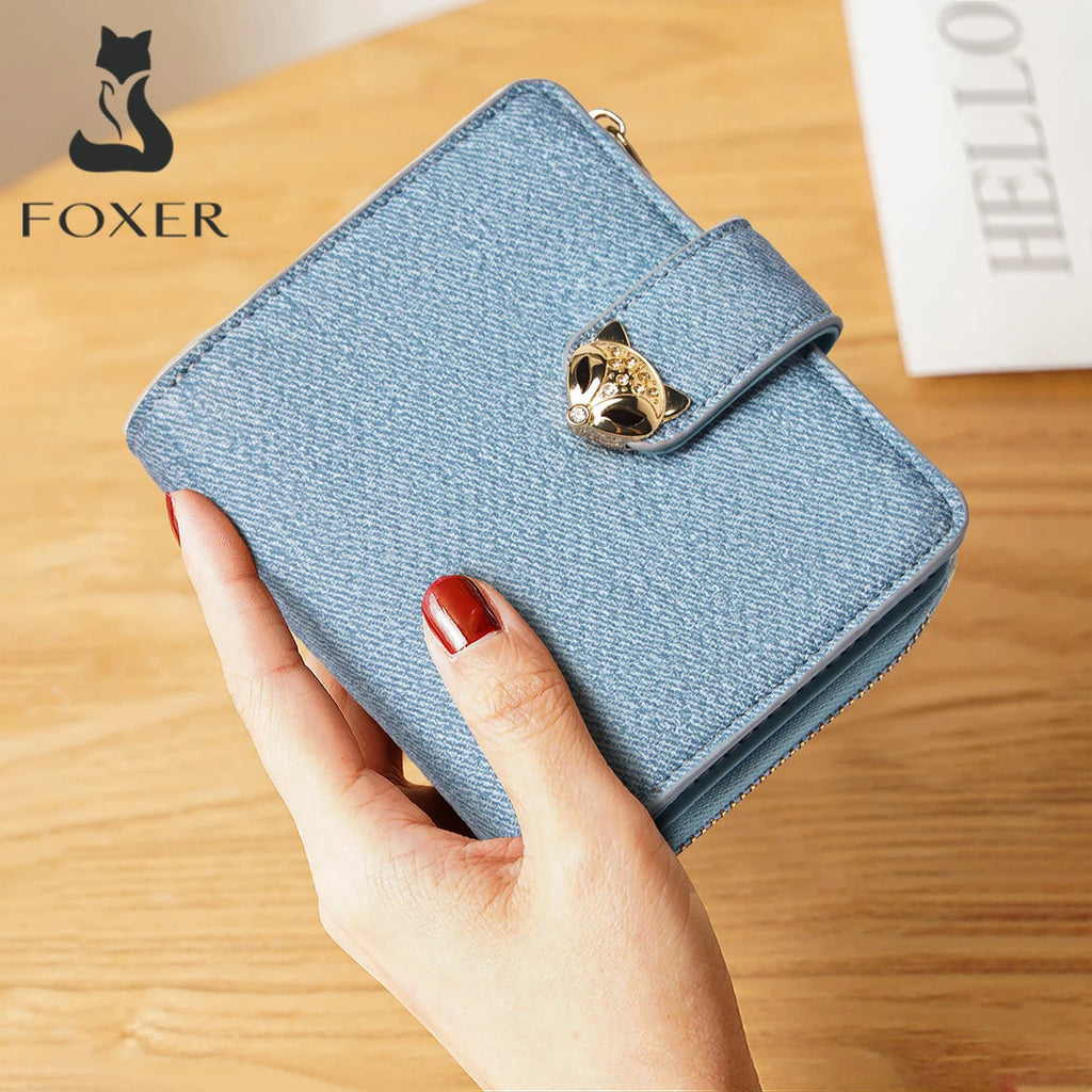 Nueva Billetera Portatarjetas Compacta FOXER de Estilo Denim con Cierre de Zorro Metálico con Identificación Antirrobo para Mujer