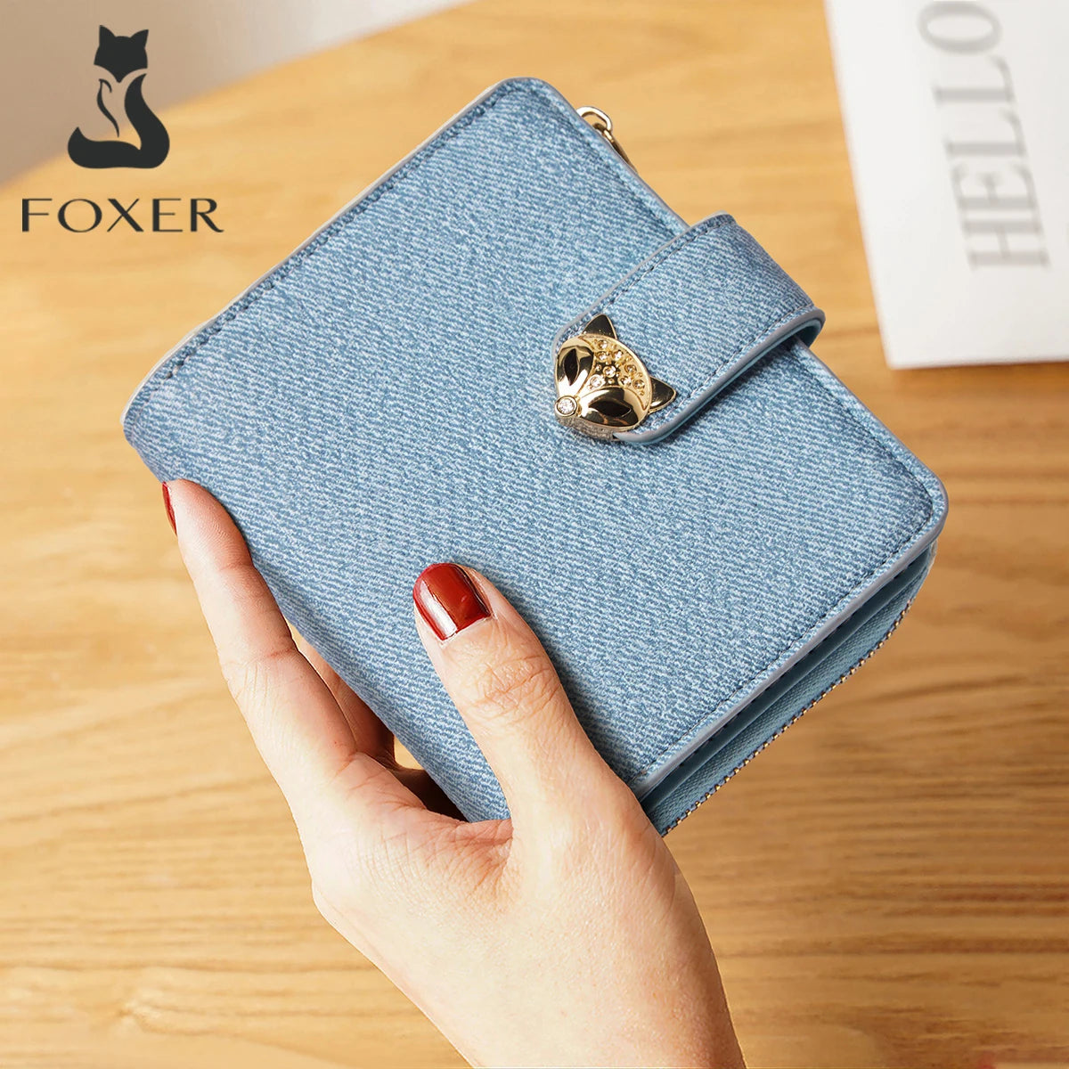 Nueva Billetera Portatarjetas Compacta FOXER de Estilo Denim con Cierre de Zorro Metálico con Identificación Antirrobo para Mujer