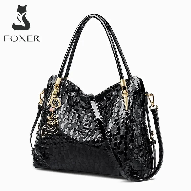 Bolso FOXER Tote de Charol Negro con Textura para Señoras Stylish Sequin