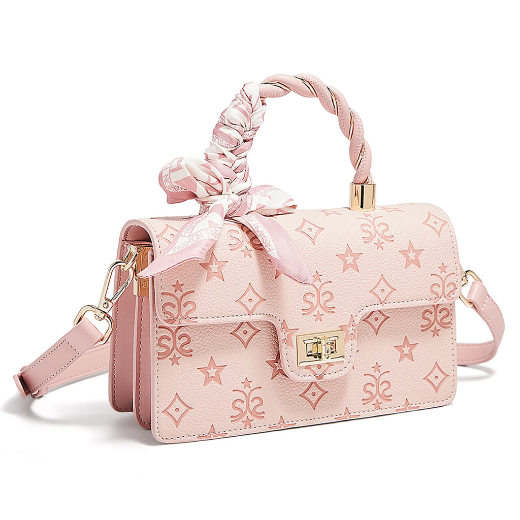 Bolso Estilo Satchel FOXER para mujer con Monograma Estrellas | Asa Trenzada y Lazo de Seda | Rosa Pastel