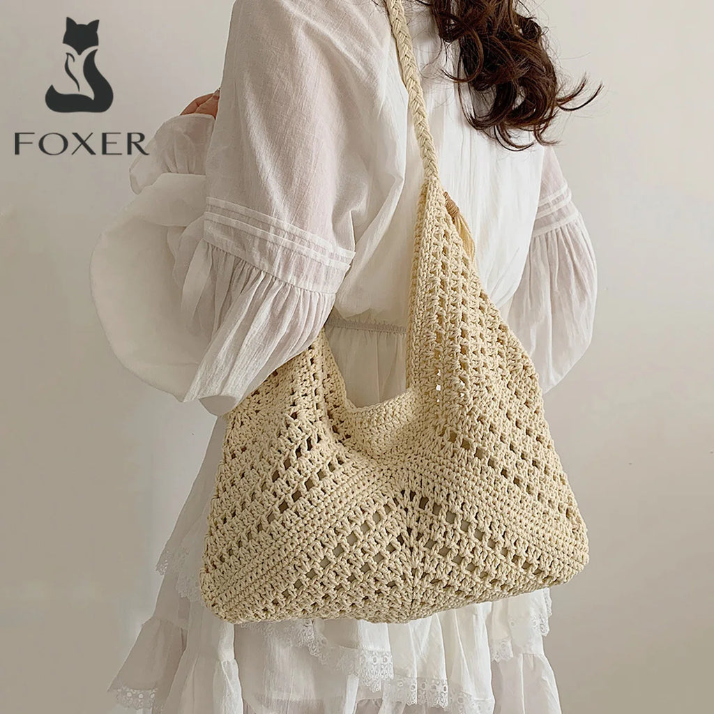 Bolso tejido de Crochet "Boho Breeze" de FOXER 2025 para mujer- Artesanía en Marfil