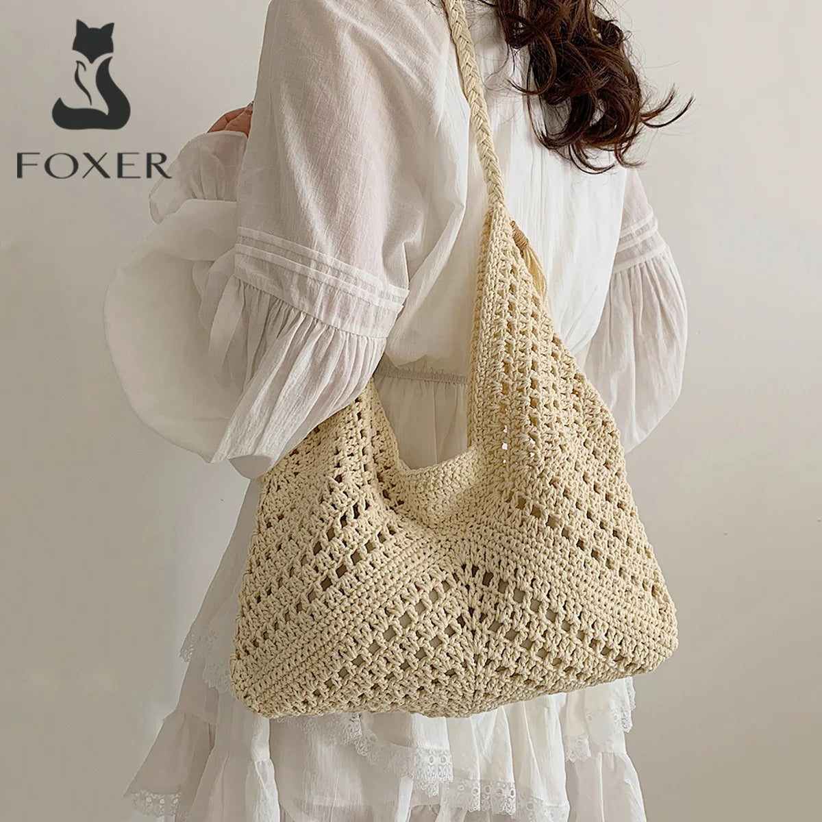 Bolso tejido de Crochet "Boho Breeze" de FOXER 2025 para mujer- Artesanía en Marfil