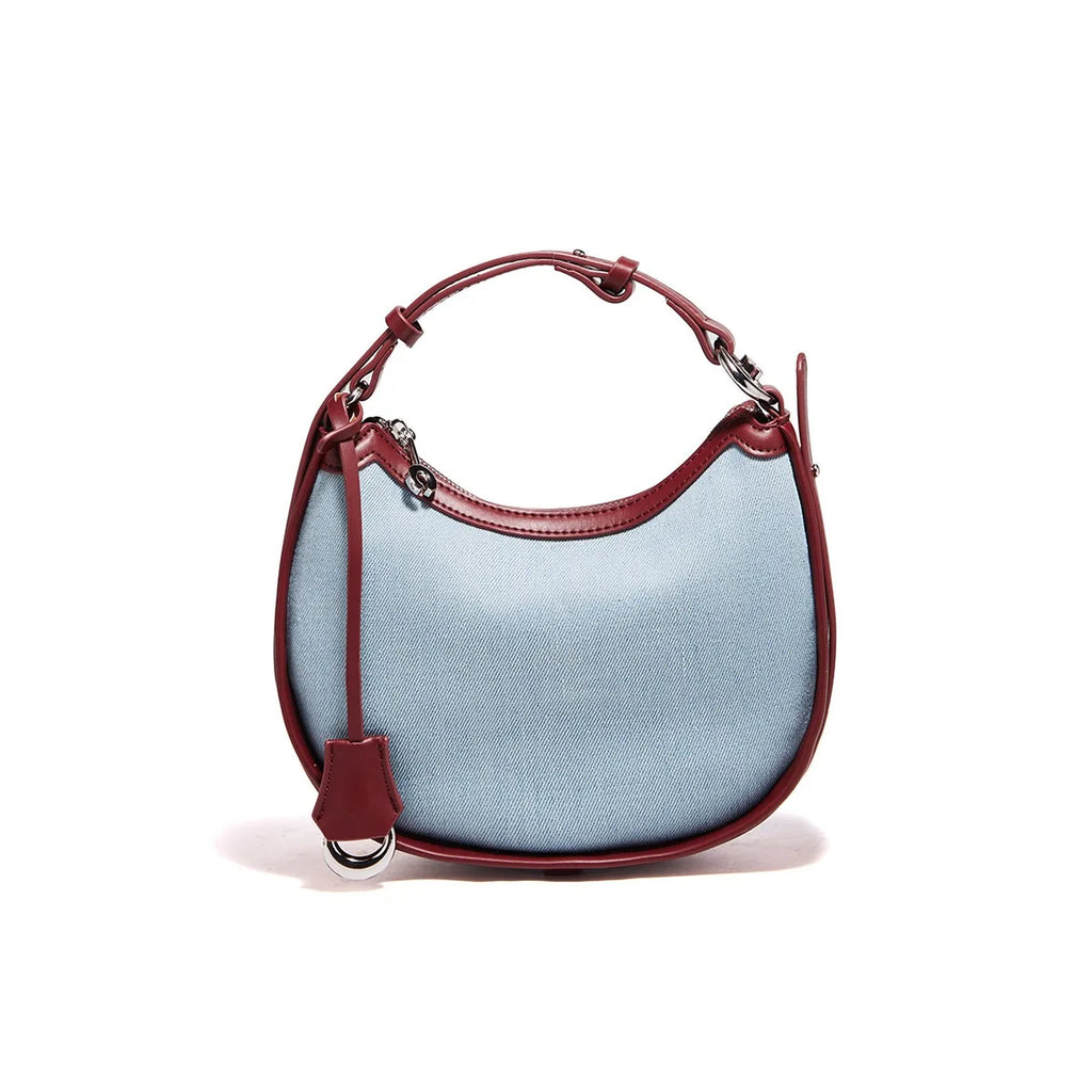 Bolso Curvo FOXER - Denim y Contraste Burdeos cuero de vaquera con correa ajustable