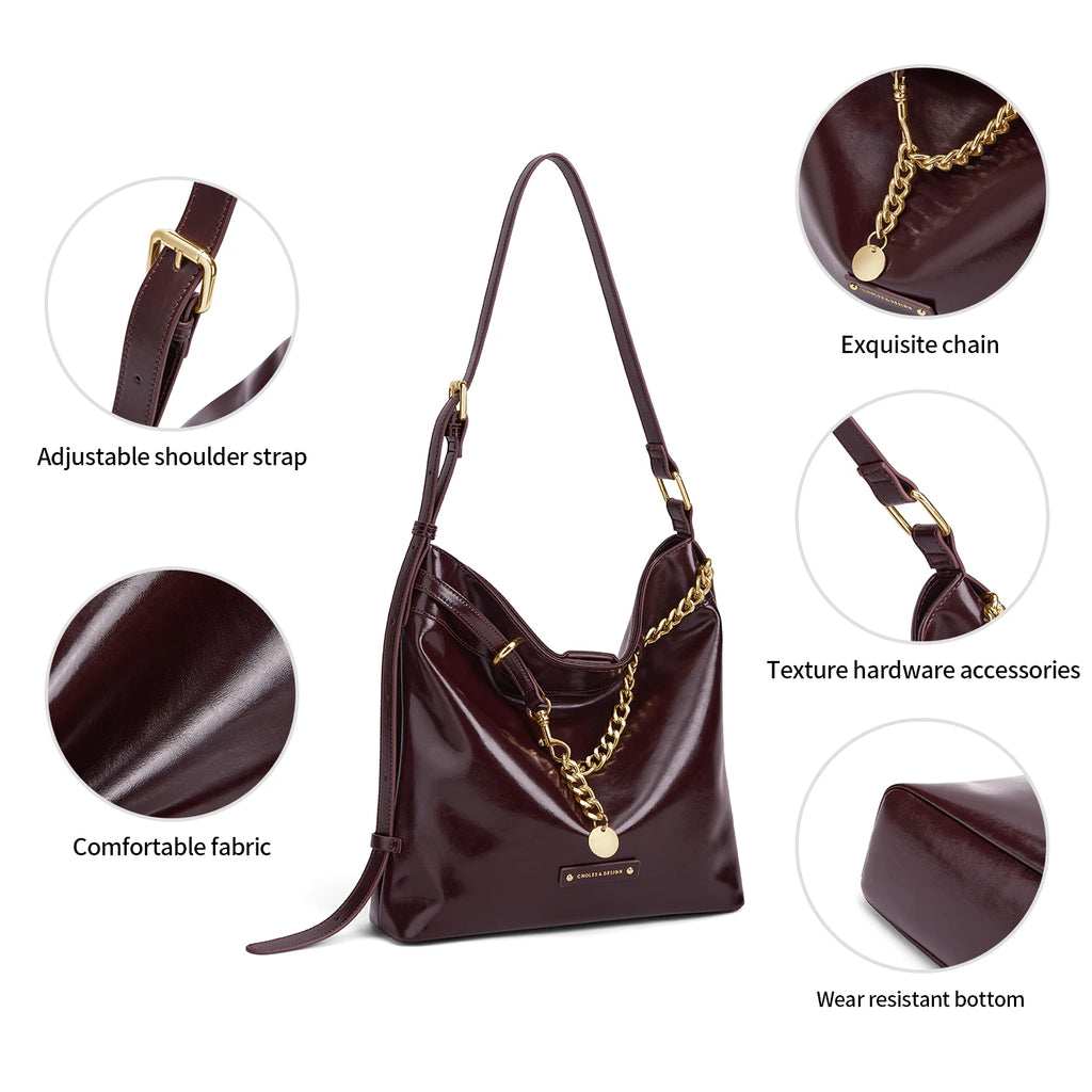 CLONES - Bolso Hobo de Piel Brillante con Cadena - Burgundy