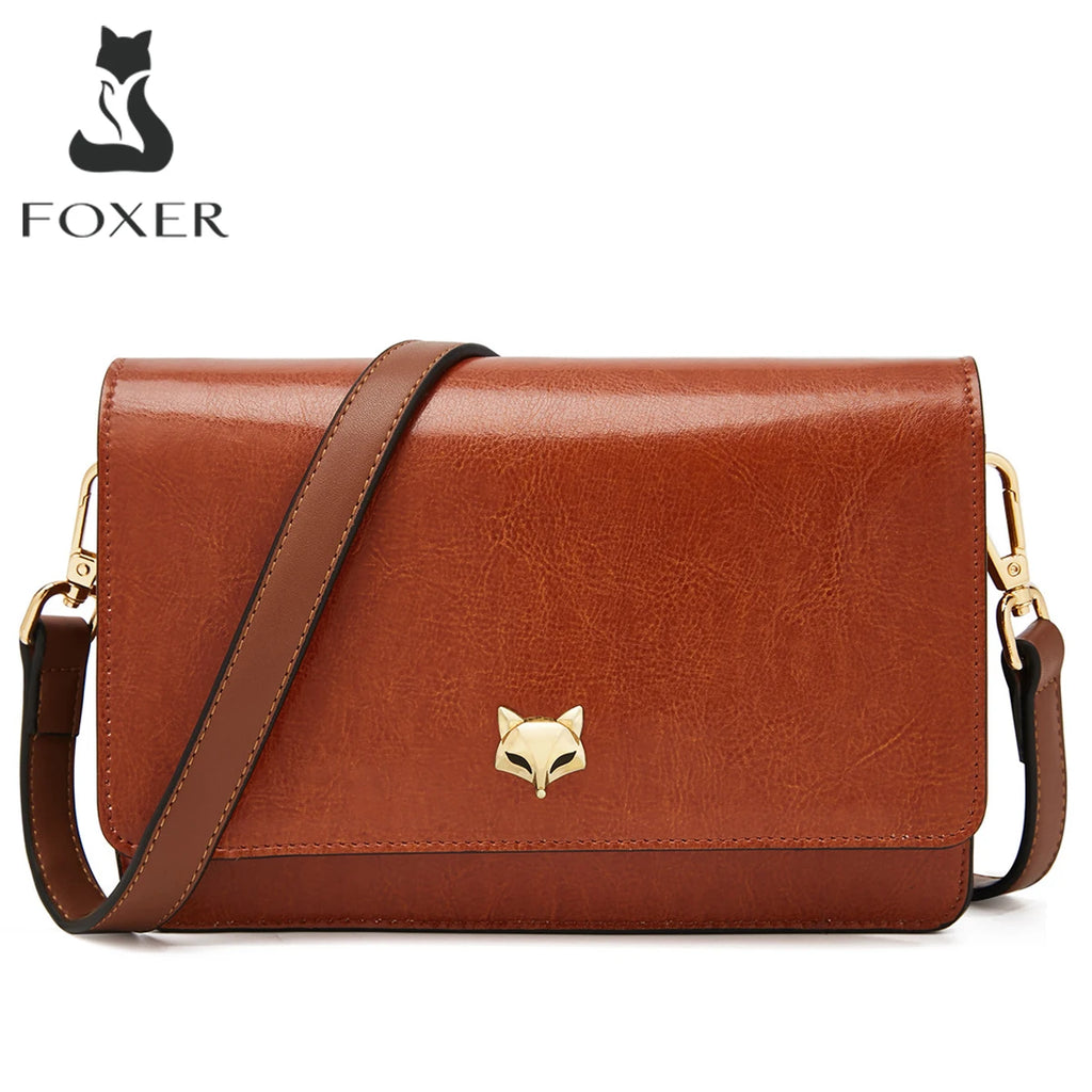 Bolso Bandolera FOXER para mujeres de Cuero Clásico con porta tarjetas | Estilo Satchel Horizontal con Broche de Zorro
