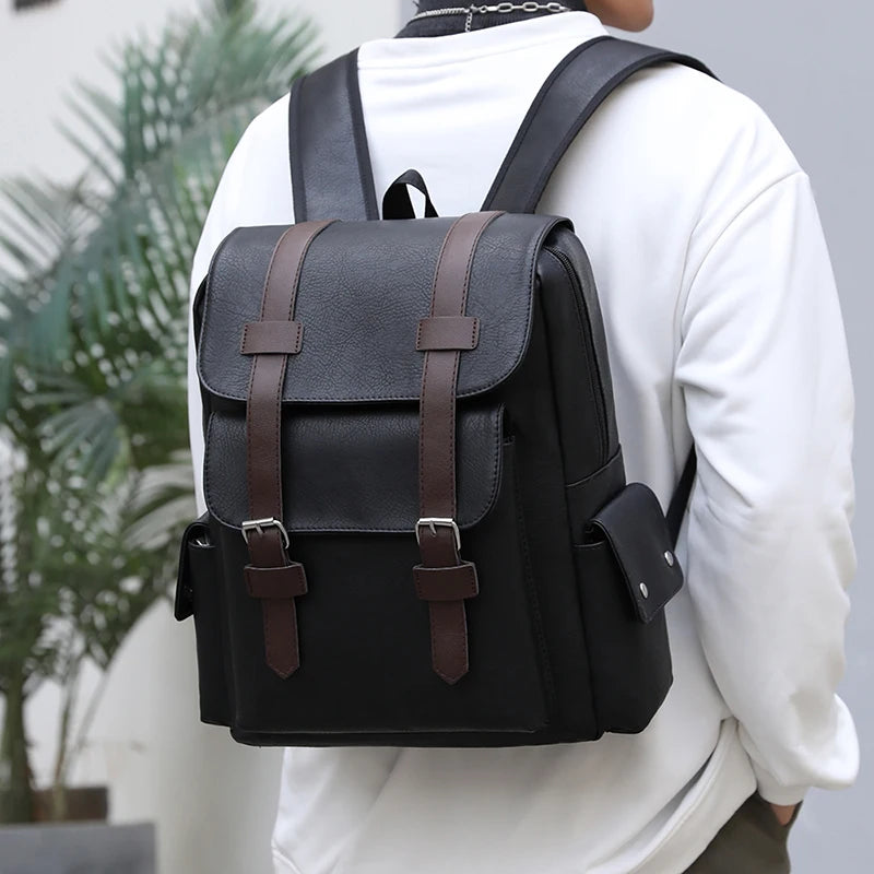 Retro Two-Tone PU Leather Laptop Backpack (Vintage Style) 