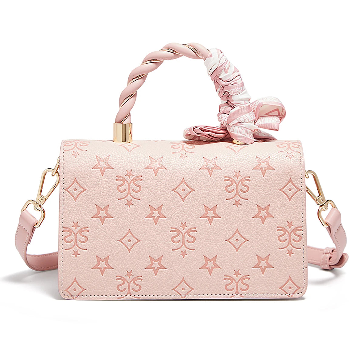 Bolso Estilo Satchel FOXER para mujer con Monograma Estrellas | Asa Trenzada y Lazo de Seda | Rosa Pastel