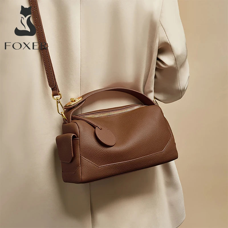 Bolso de Hombro para mujer -FOXER 2025 Invierno "Chic Boxtrot" de Cuero Genuino -Granulado -Bandolera