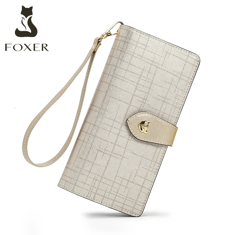 FOXER Billetera con Muñequera de cuero para mujer - Cartera ligera de embrague largo para tarjetas moda 2025