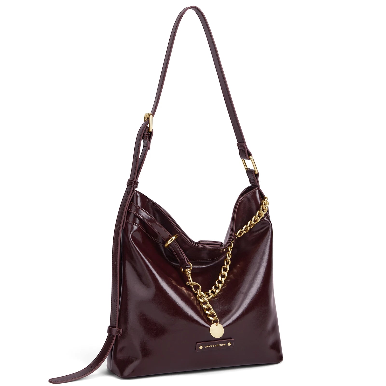 CLONES - Bolso Hobo de Piel Brillante con Cadena - Burgundy