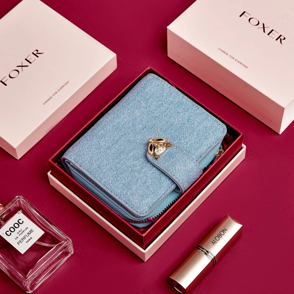 Nueva Billetera Portatarjetas Compacta FOXER de Estilo Denim con Cierre de Zorro Metálico con Identificación Antirrobo para Mujer