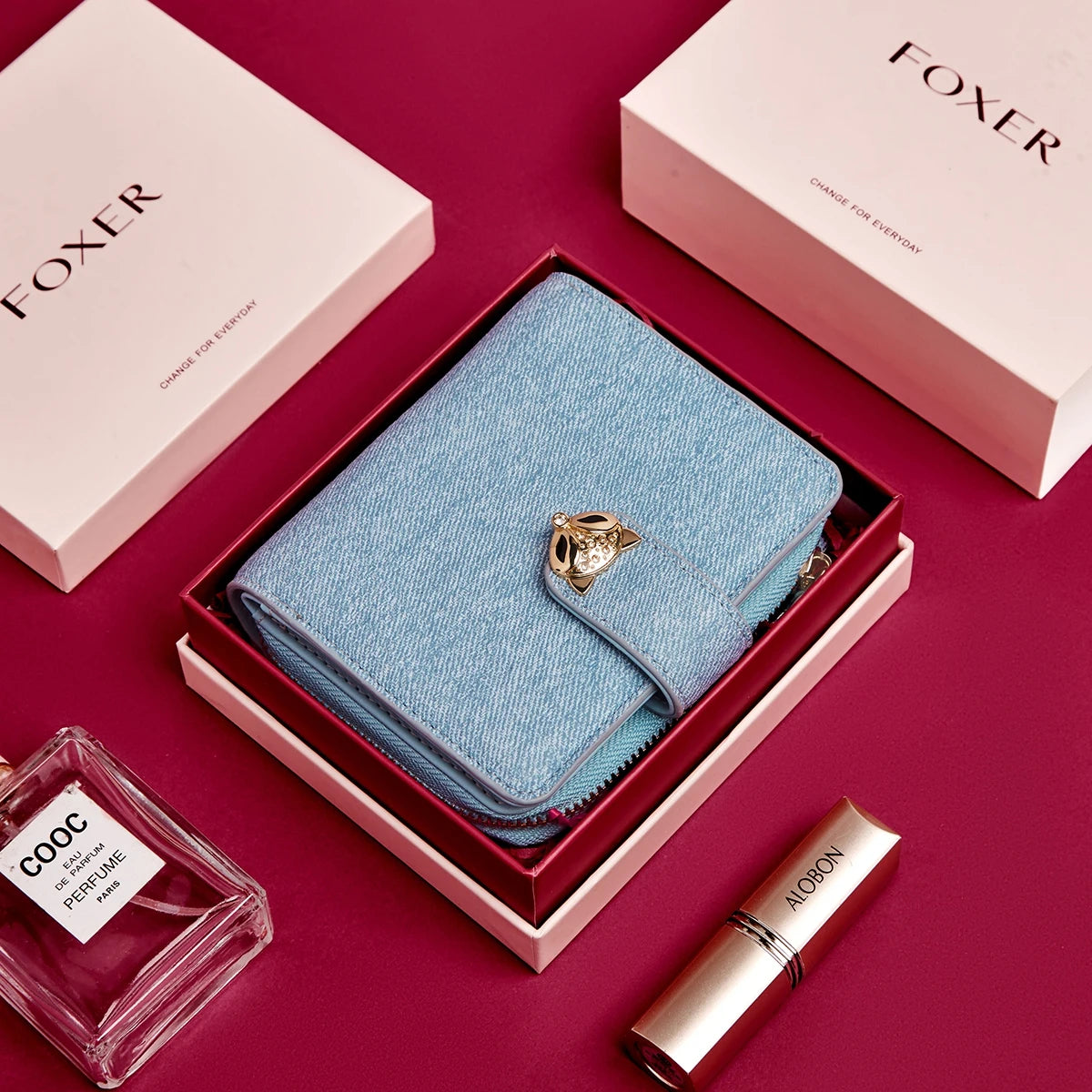 Nueva Billetera Portatarjetas Compacta FOXER de Estilo Denim con Cierre de Zorro Metálico con Identificación Antirrobo para Mujer