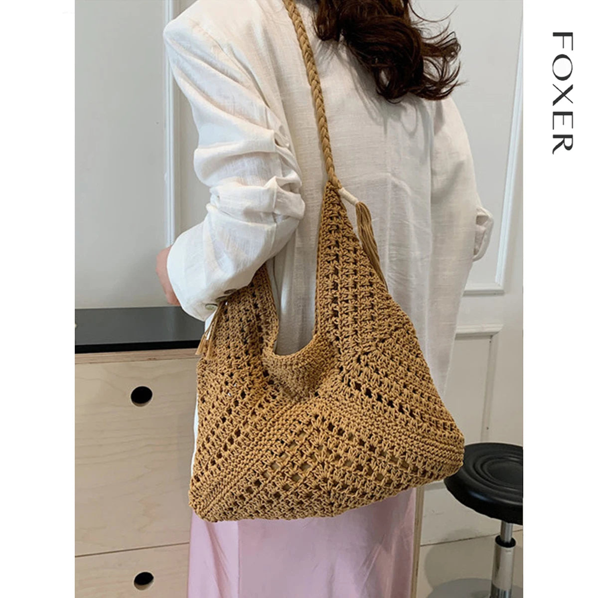 Bolso tejido de Crochet "Boho Breeze" de FOXER 2025 para mujer- Artesanía en Marfil