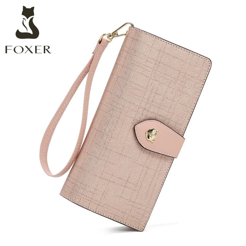 FOXER Billetera con Muñequera de cuero para mujer - Cartera ligera de embrague largo para tarjetas moda 2025