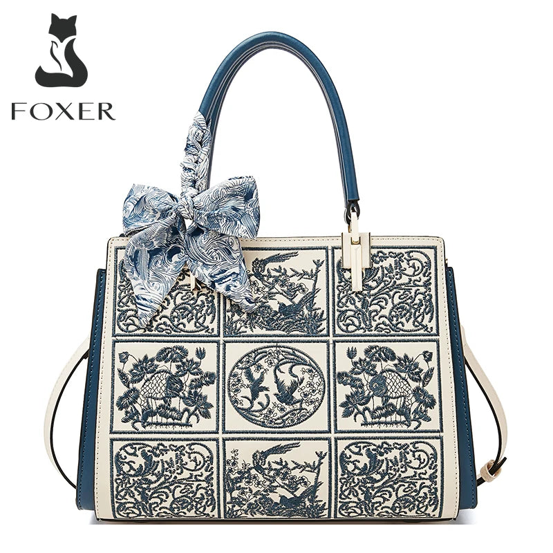 FOXER Cuero dividido -2025 Otoño Invierno -Nuevo Bolso Bandolera de mano y hombro para mujer con un Bordado clásico