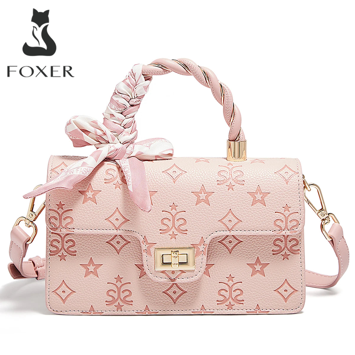 Bolso Estilo Satchel FOXER para mujer con Monograma Estrellas | Asa Trenzada y Lazo de Seda | Rosa Pastel