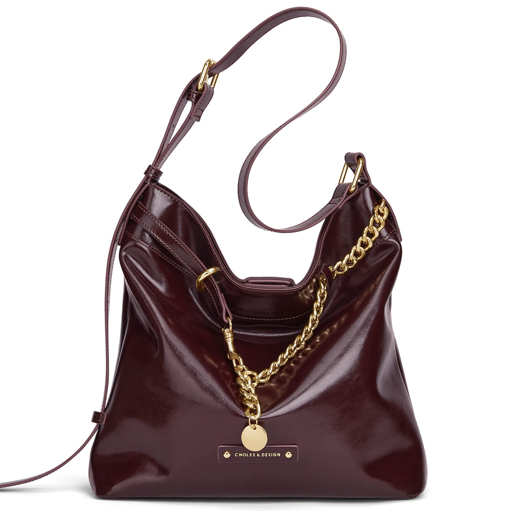 CLONES - Bolso Hobo de Piel Brillante con Cadena - Burgundy