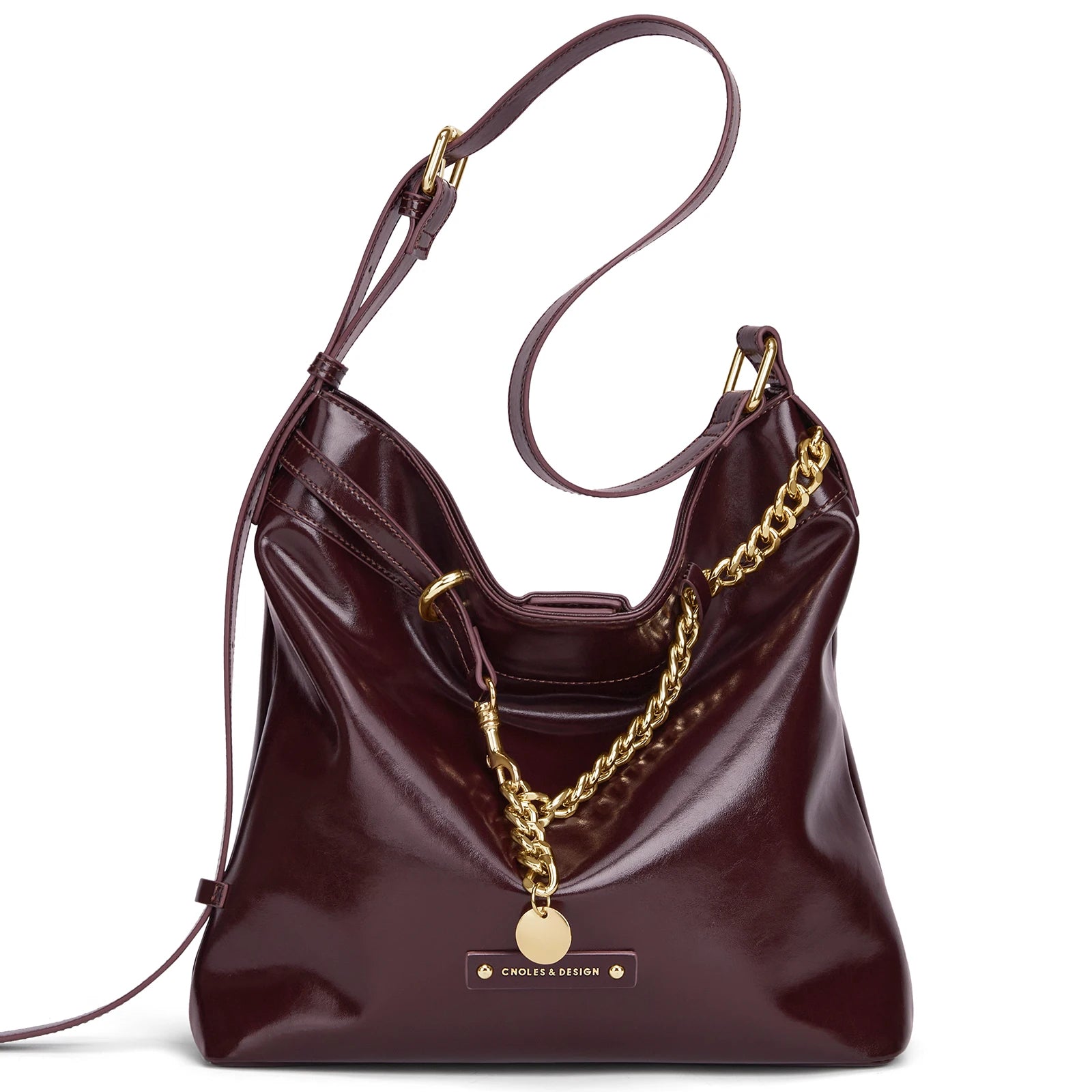 CLONES - Bolso Hobo de Piel Brillante con Cadena - Burgundy